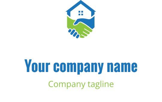 Moderne logo design med et hus og et håndtrykk i blått og grønt