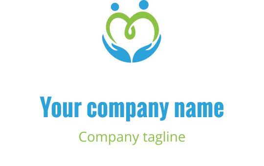 Omsorgsfull logo design med hender og et hjerte i grønt og blått