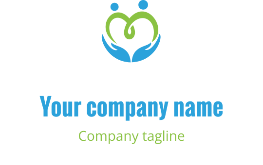 Omsorgsfull logo design med hender og et hjerte i grønt og blått