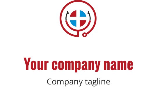 Moderne logo design med et sirkulært rødt og blått mål med hodetelefoner