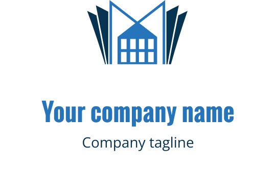 Moderne blå logo med et stilisert bygg med vinklete detaljer