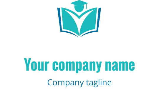 Moderne logo design med en åpen bok og eksamenshatt i teal