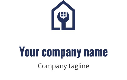 Fet marineblå logo med en stilisert hus og verktøy