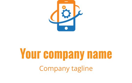 Teal og oransje logo med en stilisert mobil enhet og reparasjonsverktøy