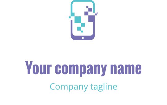 Moderne logo design for smarttelefon med pikselerte elementer i lilla og teal