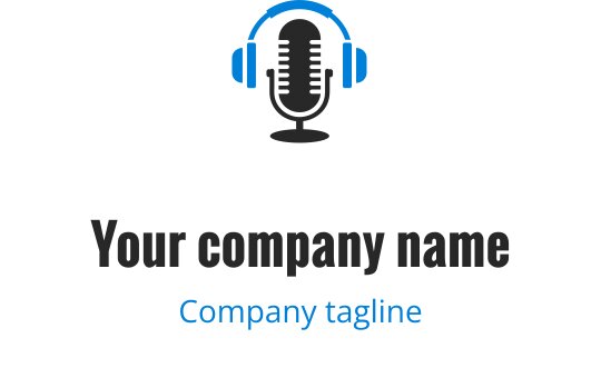 Moderne mikrofon logo design med blå hodetelefoner og fet tekst