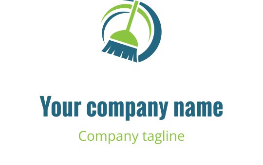 Moderne logo design med en kost og sirkulære elementer i grønt og blått