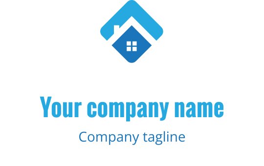 Moderne logo design i teal og blå med en stilisert hus-silhuett