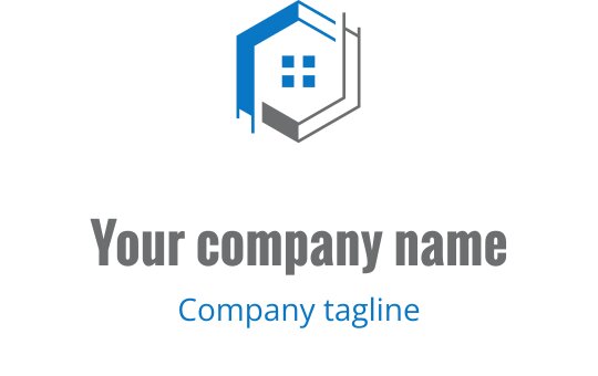 Moderne sekskantet logo med huskontur og blå detaljer