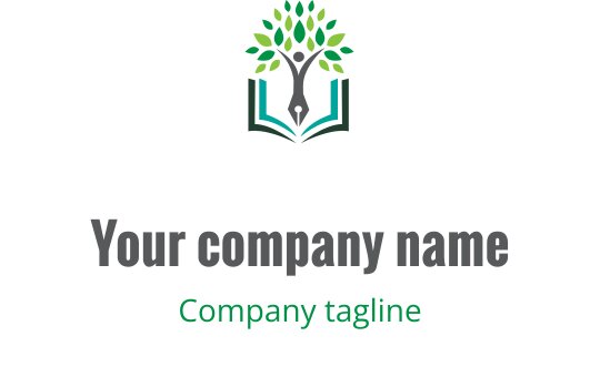 Moderne logo design med stiliserte figurer og en åpen bok i teal og grønn