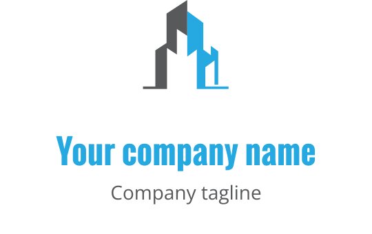 Minimalistisk grå og blå logo med en stilisert bygning silhuett