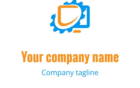 Moderne blå og oransje logo med en stilisert datamaskin og verktøy